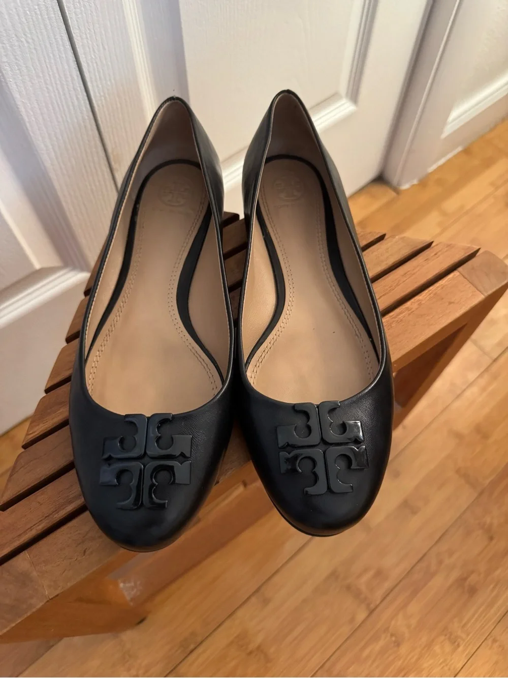 Tory Burch Black Leather Logo Ballet Flats